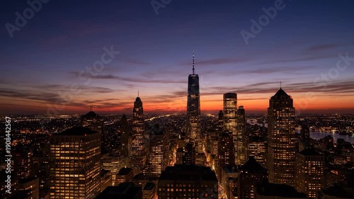 New York City Skyline at Dusk with One World Trade Center.