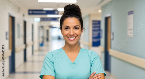 Confident healthcare professional in hospital corridor, smiling and looking at the camera