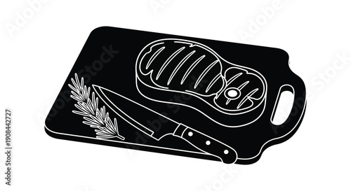 A black background showcases a white silhouette of a cutting board with steak and rosemary a bold outline silhouette