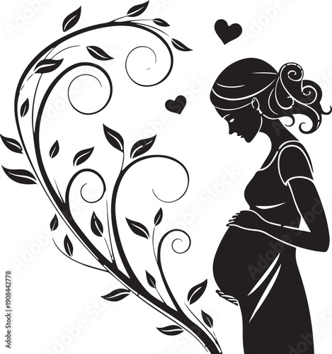 Romantic baby bump heart gesture silhouette of pregnant woman, minimalist black vector isolated on transparent background illustration design