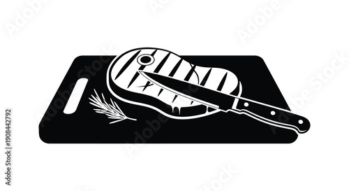 A black cutting board displays a steak with a knife and rosemary presented in stark silhouette high quality