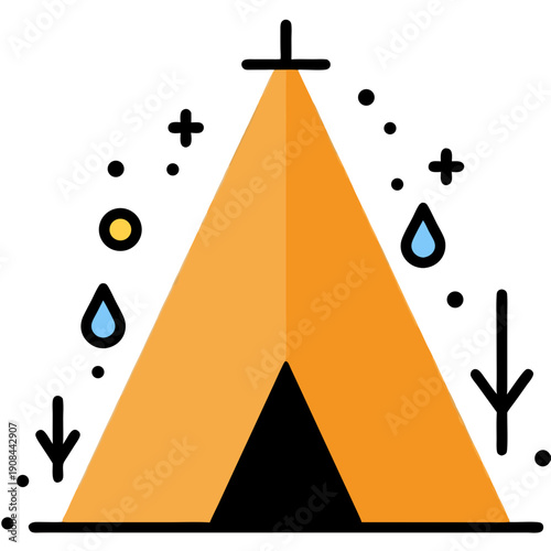 Camping Tent Vector Illustration with Abstract Rain and Weather Elements, Minimalist Outdoor Adventure Graphic for Web Design and App Icons