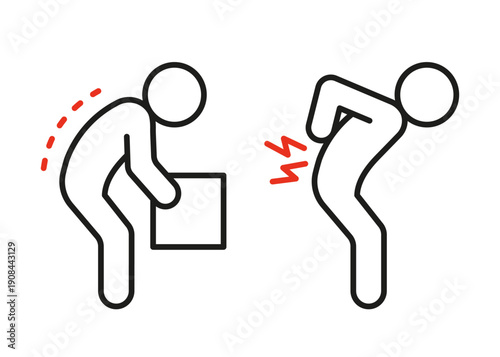 Man lifting box incorrectly and experiencing back pain line icon. Spine problem for ergonomics guideline banner. Improper posture and injury. Vector illustration