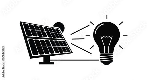 A graphic depiction of a solar panel powering a lightbulb representing sustainable energy solutions in silhouette high quality