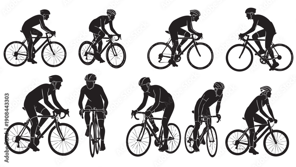 Obraz premium Cyclistsinvariouspositionsridingroadbikesvectorillustrations