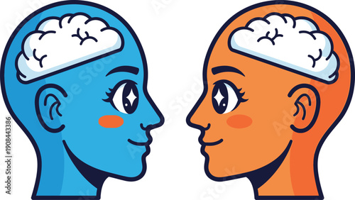 Two stylized human heads in profile facing each other with clouds inside their heads.