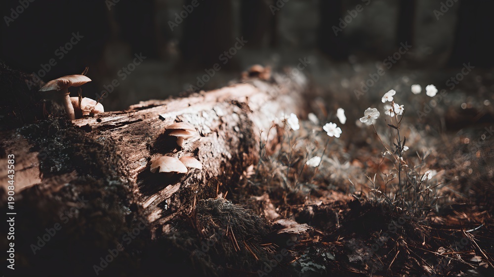 Fototapeta premium Fallen Log with Mushrooms and Wildflowers in Forest Sunlight.