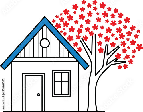 A stylized illustration of a house with a tree bearing red flowers next to it.