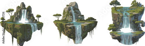 Fantasy floating islands with waterfalls, glowing pools, surreal landscape, magical environment, whimsical artwork, imaginative design, dreamlike nature concept