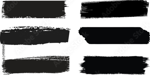 Straight Line Vector Brush Strokes with Black Hand-Drawn Stripes and Smears, Rough Grunge Thick Paint Texture, Chinese and Japanese Calligraphy Style, Sketch Rectangle Text Boxes
