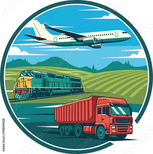 An airplane, a train, and a truck are shown together in a circular graphic representing transportation.