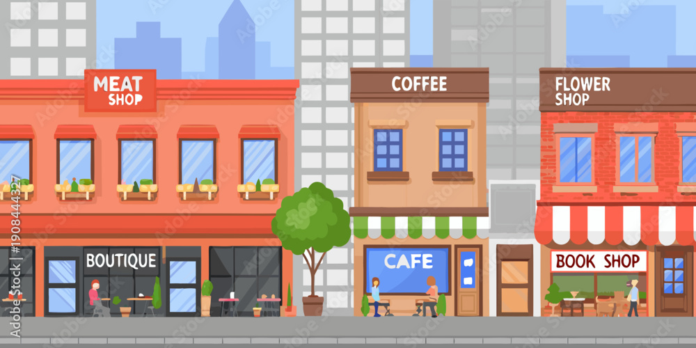 Fototapeta premium A colorful cityscape featuring various storefronts and pedestrian activity
