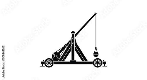A striking black silhouette depicts a medieval trebuchet a powerful siege engine in a minimalist style silhouette