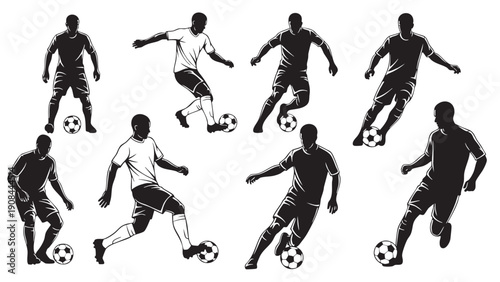Dynamic soccer players in action with ball isolated illustration