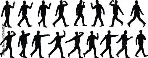Collection of walking man silhouettes in varied poses, male motion sequence isolated on clean background vector illustration reference set