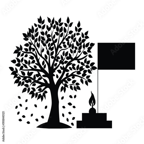 Silhouette of a tree with falling leaves, a lit candle, and a flag autumn