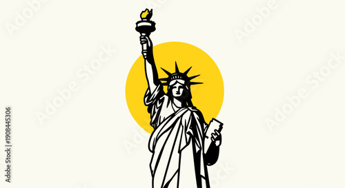 Iconic Black and White Illustration of the Statue of Liberty with a Bright Yellow Background for Patriotic and Travel Themes