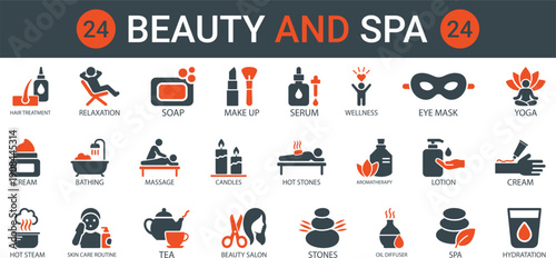 Beauty & Spa icon set. Containing sauna, aromatherapy, treatment, yoga, skin care and wellness icons. Solid icons vector collection.