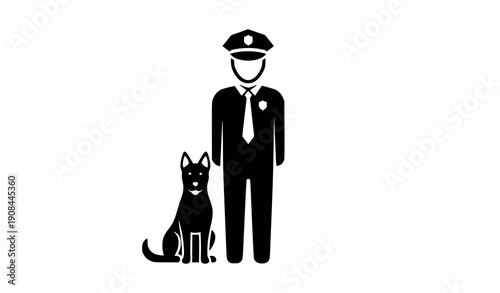 Policeman with police dog black silhouette security vector isolated on white
