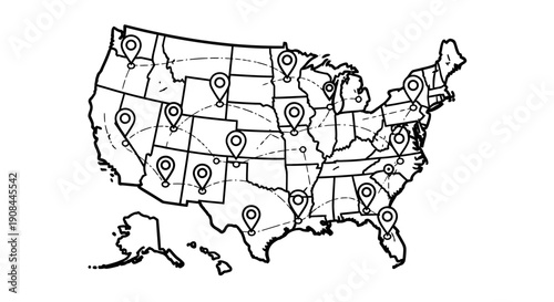 Map of the United States with Location Markers Highlighting Key Cities and Regions for Travel, Business, or Geographic Analysis