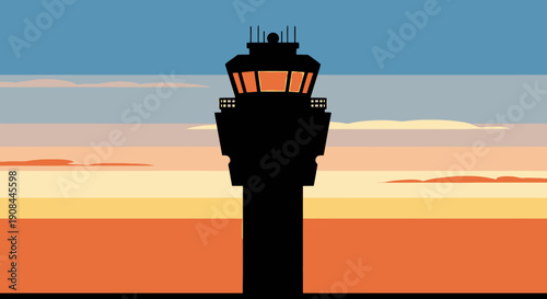 Modern Airport Control Tower Silhouette at Sunset with Vibrant Sky Colors and Cloud Layers
