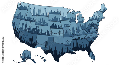 Stylized Blue USA Map Illustration Featuring Skyline Silhouettes and Iconic Landmarks for Travel, Business, and Education Projects