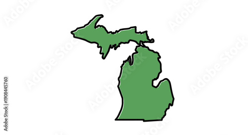 Stylized Green Silhouette Map of Michigan Highlighting the Great Lakes Region for Geographic and Educational Uses