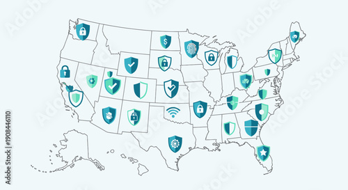United States Map Illustration with Federal Security and Data Protection Icons in a Modern Digital Style