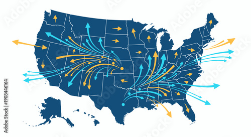 United States Map with Dynamic Air Traffic Flow Arrows Illustrating Commercial Aviation and Transportation Networks