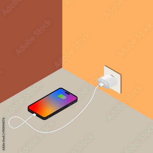 Isometric Smartphone Charging Illustration with Wall Plug and Cable