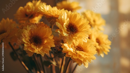 A Close-Up View of a Vibrant Bouquet of Yellow Flowers Bathed in Warm Sunlight.