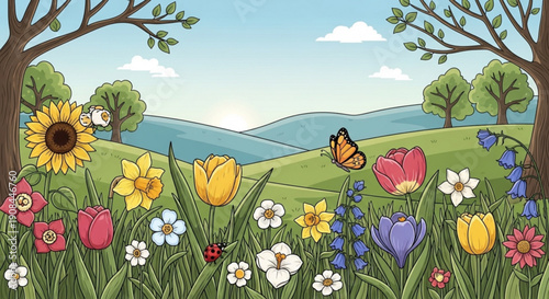 Colorful spring flowers and butterfly in a serene landscape with rolling hills