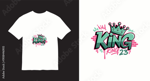 King 23 graffiti style t-shirt design with crown, vibrant colors, and urban art