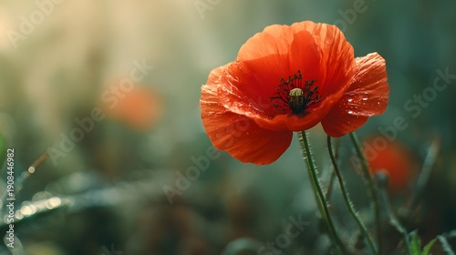 Vibrant Red Poppy Flower in Soft Focus Meadow at Sunrise.