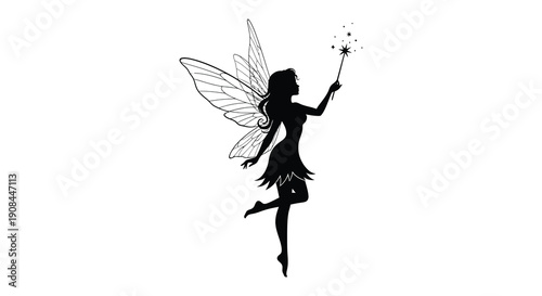 A graceful fairy with delicate wings is captured in mid flight holding a sparkling wand a beautiful silhouette