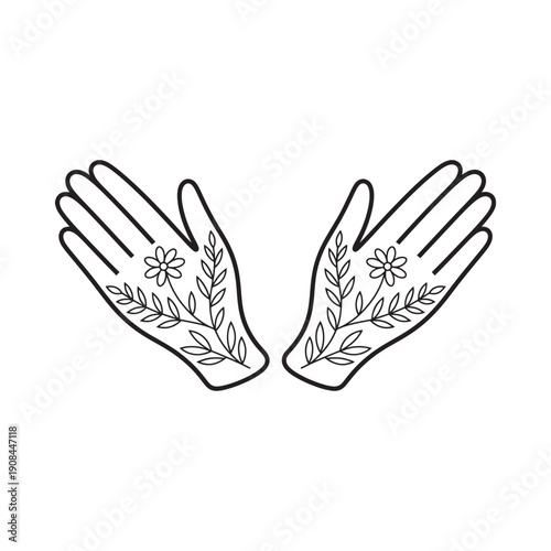 Floral design adorning a pair of open outlined gloves in black and white