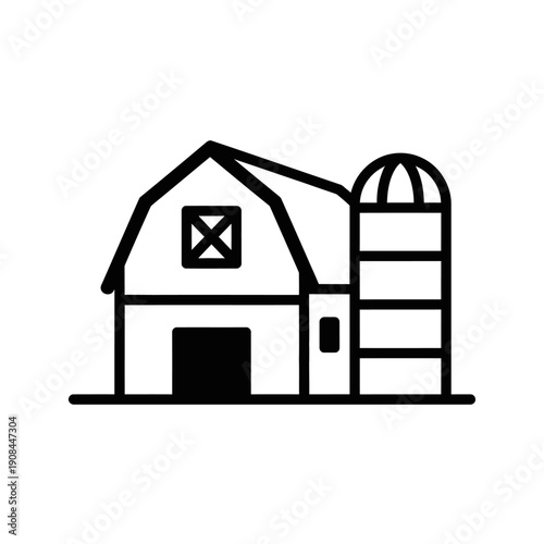 Barn and Silo Icon: Farm Building, Agriculture, Rural Life, Countryside