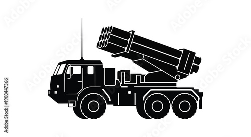 A stark black silhouette depicts a multiple launch rocket system vehicle showcasing military hardware silhouette high quality professional