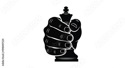 A dramatic black silhouette depicts a hand firmly grasping a chess king symbolizing power and control silhouette
