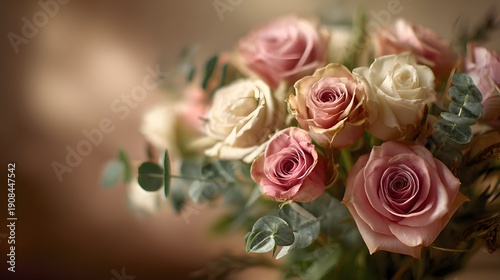 Soft Focus Bouquet of Pink and Cream Roses with Eucalyptus Leaves.