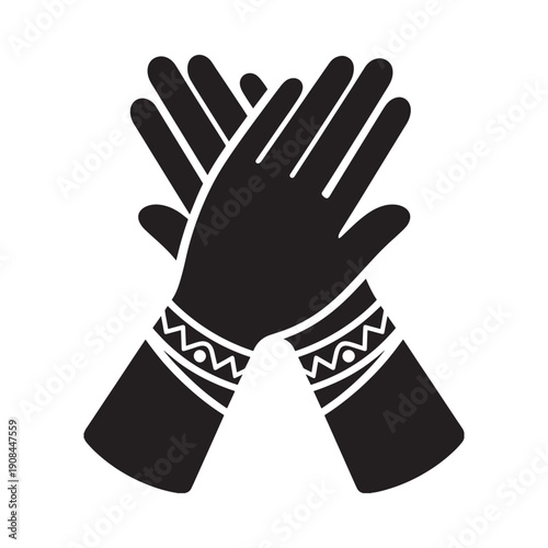 Black and white illustration of two hands clapping adorned with wristbands
