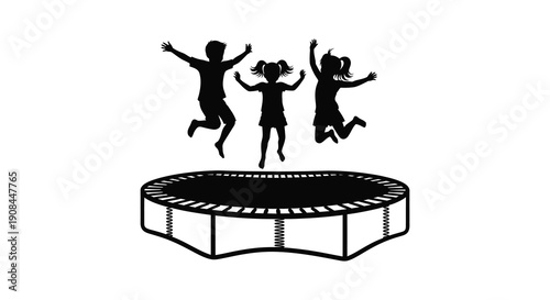 A cheerful scene depicts three children joyfully jumping on a trampoline against a plain white background silhouette