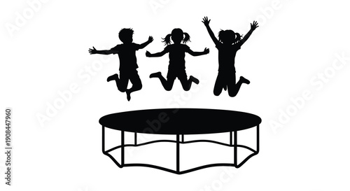 Three children joyfully jumping on a trampoline their forms depicted as a striking black silhouette high quality professional
