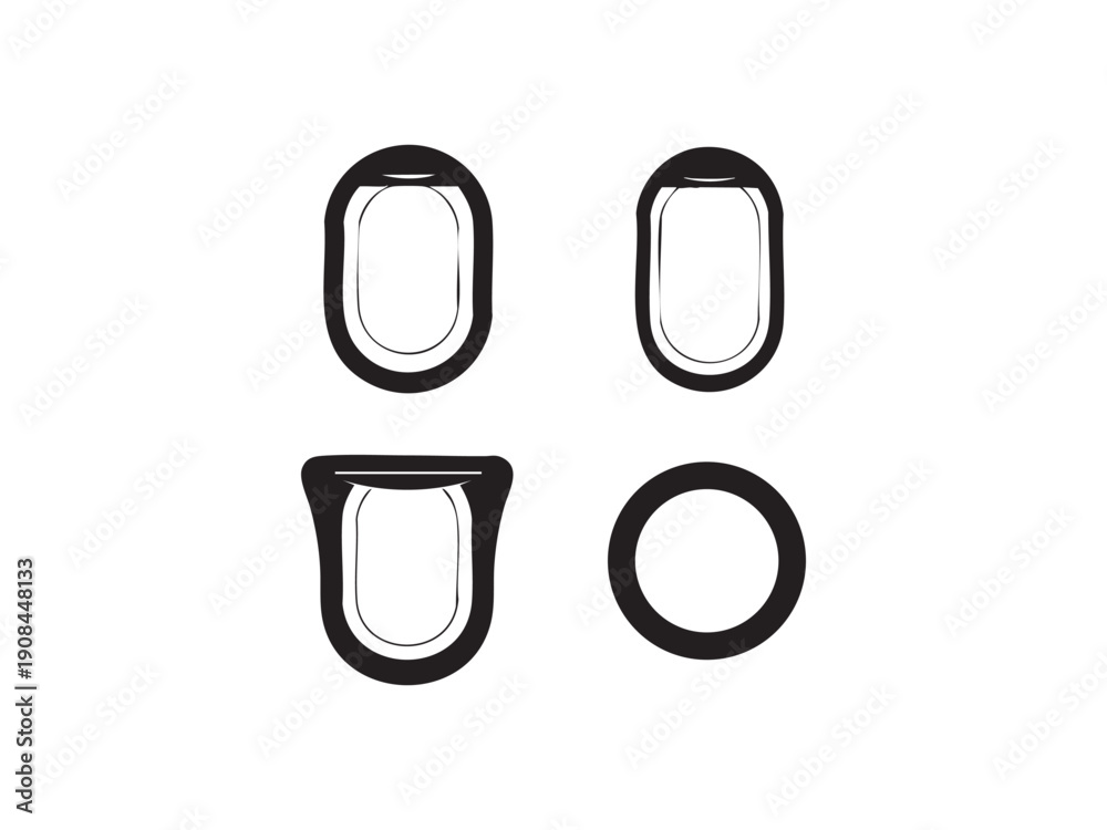 Fototapeta premium Set of four different black and white vector icons of airplane windows and a porthole