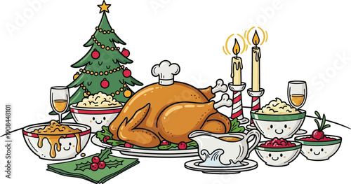 A festive holiday meal is prepared for a special occasion with a roasted turkey and Christmas tree.