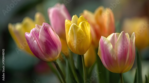 Close-up of vibrant pink and yellow tulips in soft focus.