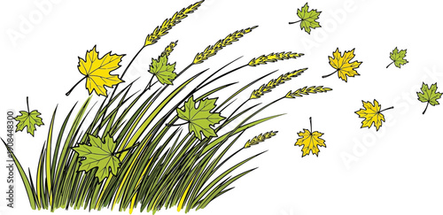 Autumn leaves and grass are blown by the wind.