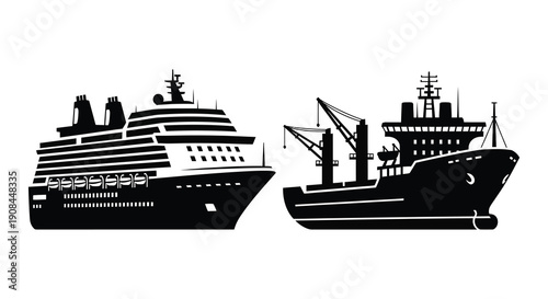 A striking black and white depiction of a cruise ship and cargo vessel sailing on calm waters silhouette