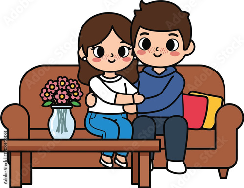A happy couple sits embracing on a couch with a vase of flowers on a coffee table.