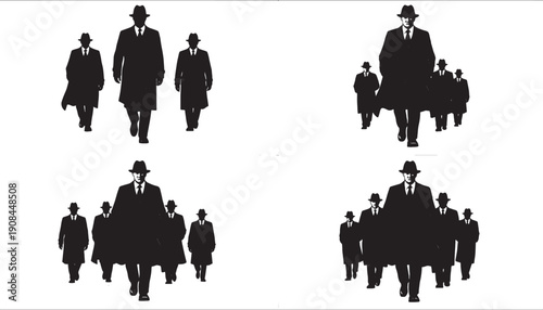 Four groups of black silhouette men in fedora hats and trench coats walking silhouettes black and white